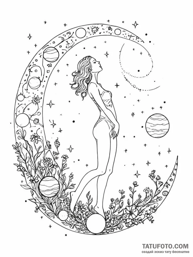 Tattoo sketch, cosmic gardener: a figure tend… — эскиз тату (№1752352632_0, 12.07.2025 20:37) — Tatufoto.com