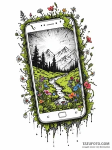 Tattoo sketch, cracked smartphone, blooming n... - эскиз тату (№1752352717_0, 12.07.2025 20:38) — Tatufoto.com