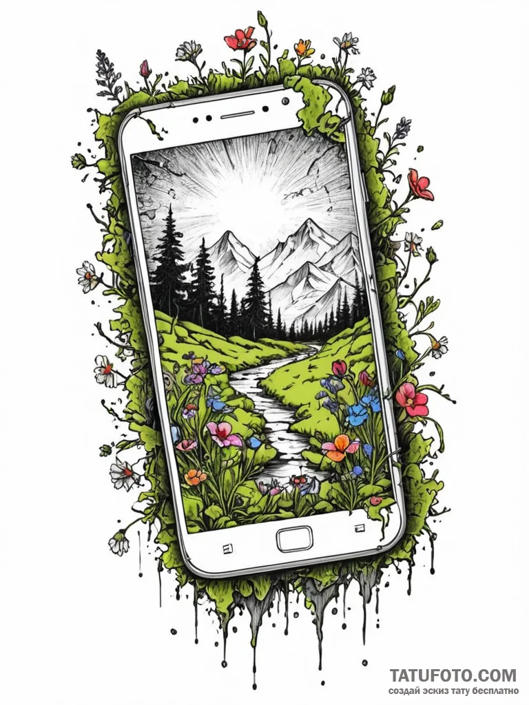 Tattoo sketch, cracked smartphone, blooming n… — эскиз тату (№1752352717_0, 12.07.2025 20:38) — Tatufoto.com