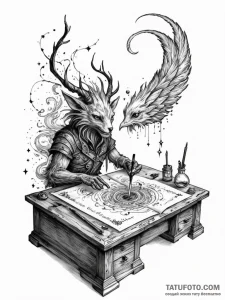 Tattoo sketch, dream weaver's desk, an old, w... - эскиз тату (№1752353479_0, 12.07.2025 20:51) — Tatufoto.com
