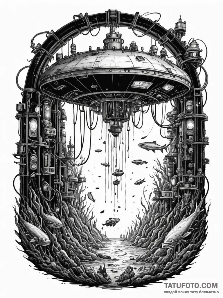 Tattoo sketch, deep sea data mine, a submarin… — эскиз тату (№1752353648_0, 12.07.2025 20:54) — Tatufoto.com