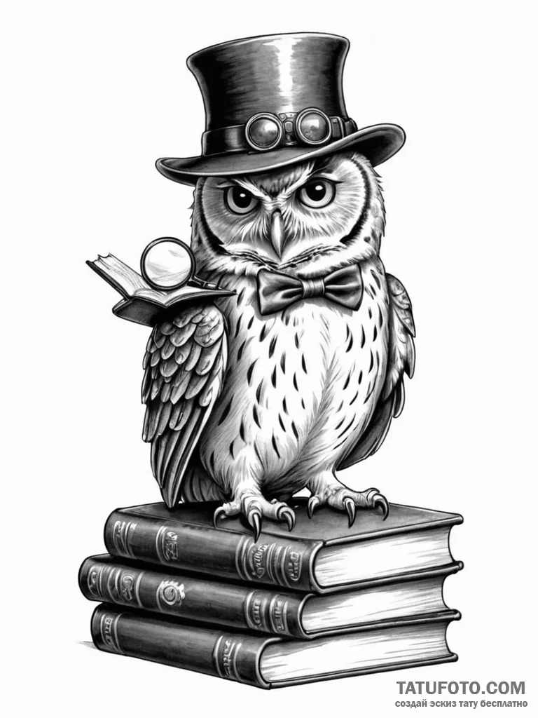Tattoo sketch, detective owl's study, a wise... - эскиз тату (№1752353818_0, 12.07.2025 20:56) — Tatufoto.com