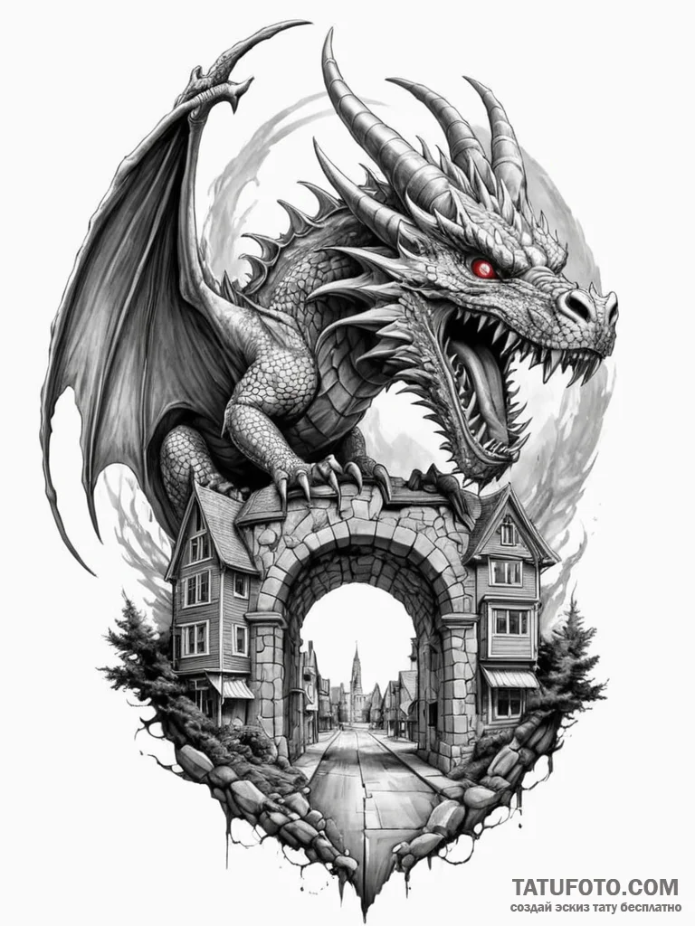 Tattoo sketch, dragon's gate to reality, a ro... - эскиз тату (№1752354072_0, 12.07.2025 21:01) — Tatufoto.com