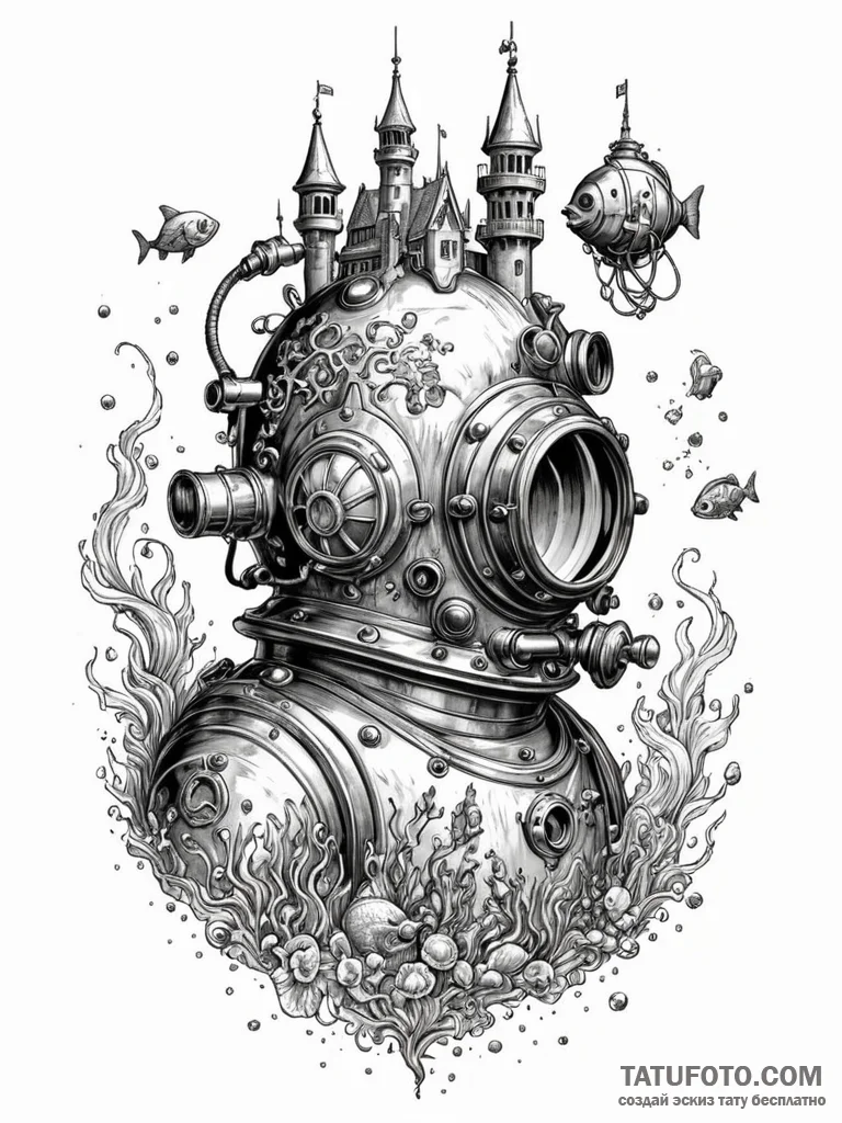 Tattoo sketch, dreaming deep sea diver, an ol... - эскиз тату (№1752354665_0, 12.07.2025 21:11) — Tatufoto.com