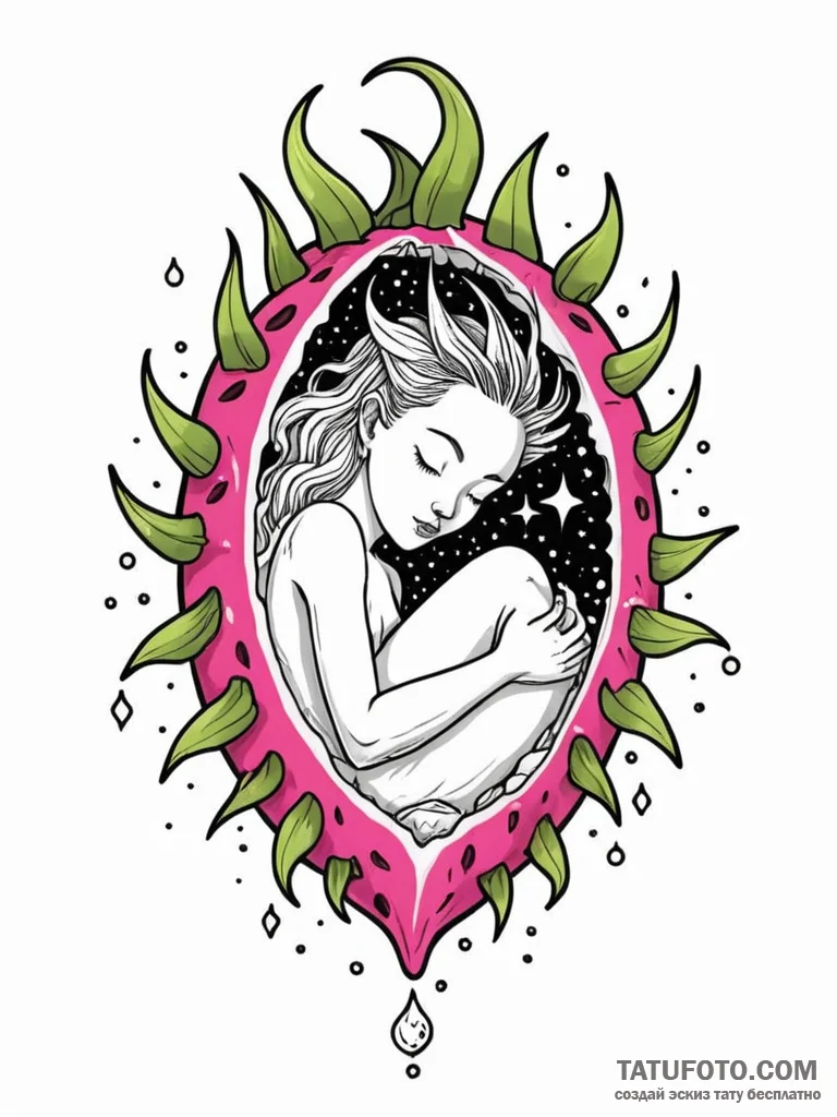 Tattoo sketch, dragonfruit dreamer, a stylize... - эскиз тату (№1752354833_0, 12.07.2025 21:13) — Tatufoto.com