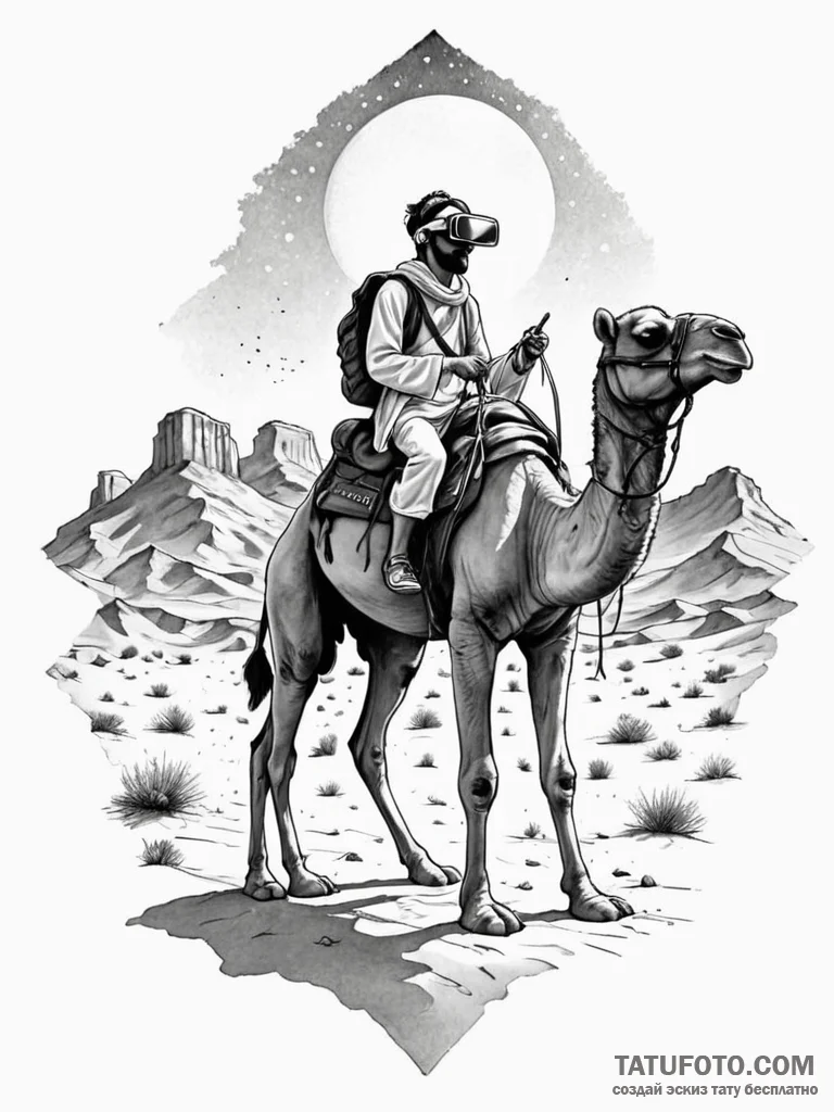Tattoo sketch, desert nomad in vr, a lone fig... - эскиз тату (№1752355002_0, 12.07.2025 21:16) — Tatufoto.com