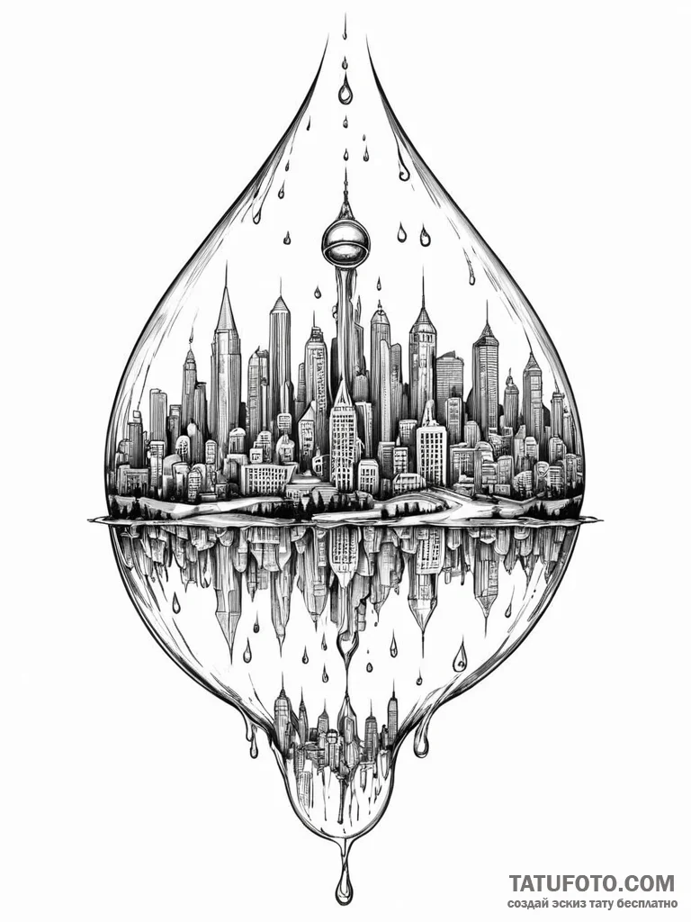 Tattoo sketch, distant city in a droplet, a s... - эскиз тату (№1752355256_0, 12.07.2025 21:20) — Tatufoto.com