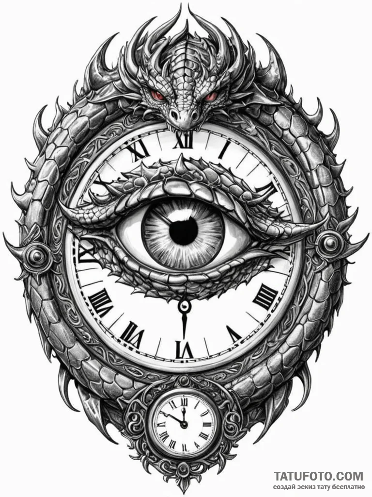 Tattoo sketch, dragon’s eye timepiece, a fier… — эскиз тату (№1752355340_0, 12.07.2025 21:22) — Tatufoto.com
