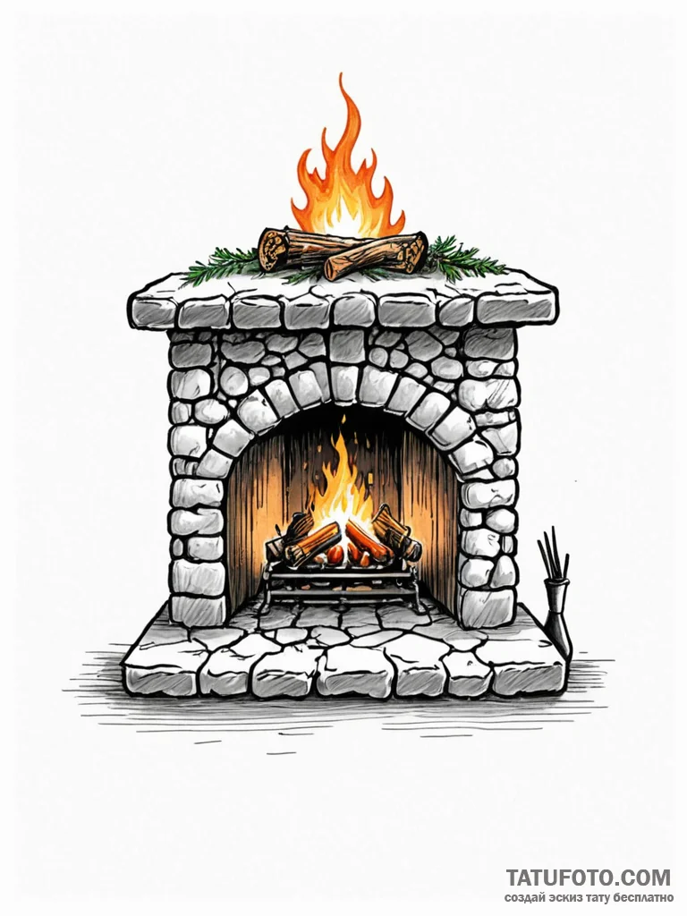 Tattoo sketch, digital hearth, a cozy firepla… — эскиз тату (№1752355509_0, 12.07.2025 21:25) — Tatufoto.com