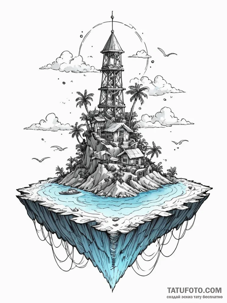 Tattoo sketch, drifting data island, a small,... - эскиз тату (№1752355594_0, 12.07.2025 21:26) — Tatufoto.com