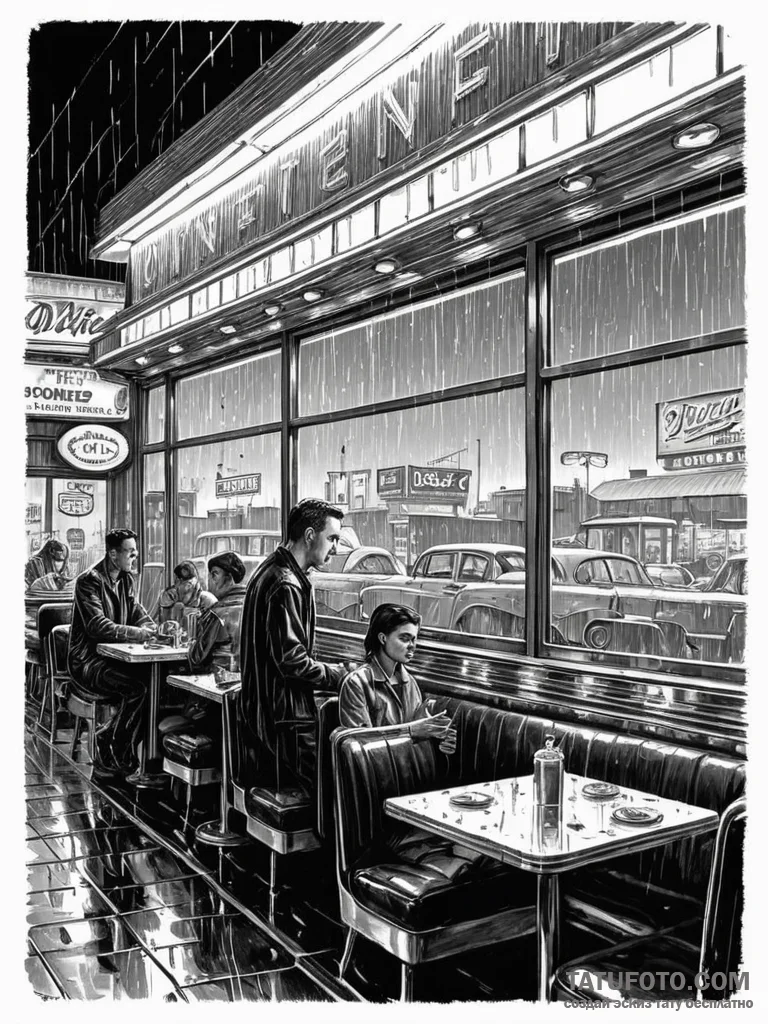 Tattoo sketch, dystopian diner, a classic ame... - эскиз тату (№1752355763_0, 12.07.2025 21:29) — Tatufoto.com