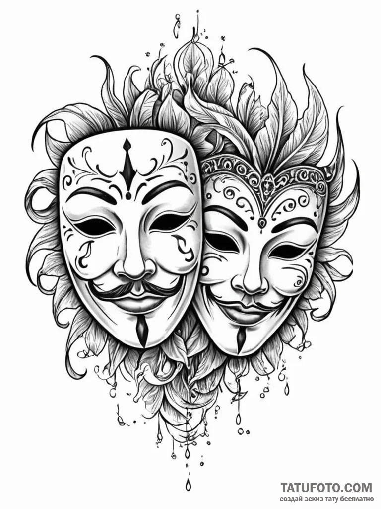 Tattoo sketch, dual personality mask, a singl... - эскиз тату (№1752355932_0, 12.07.2025 21:32) — Tatufoto.com