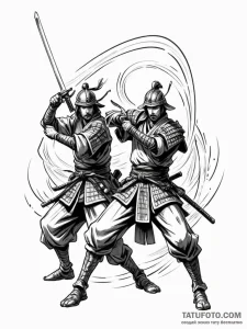 Tattoo sketch, dueling digital samurai, two s... - эскиз тату (№1752356185_0, 12.07.2025 21:36) — Tatufoto.com