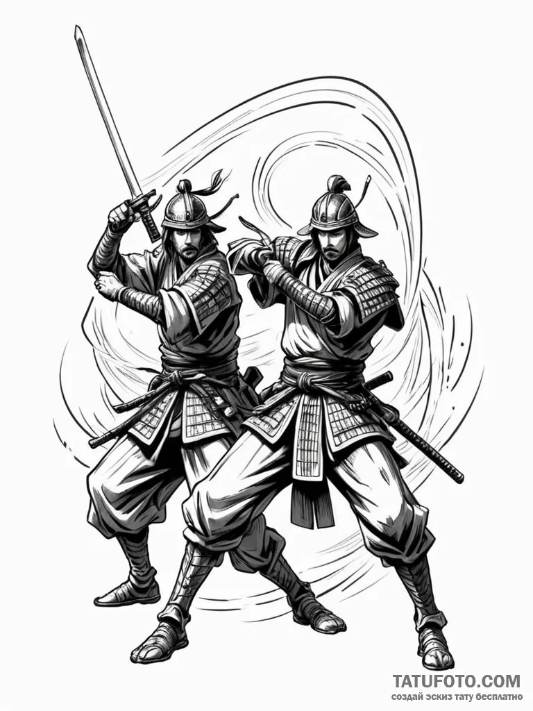Tattoo sketch, dueling digital samurai, two s... - эскиз тату (№1752356185_0, 12.07.2025 21:36) — Tatufoto.com