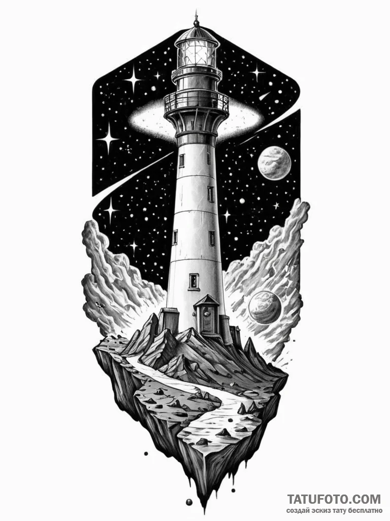 Tattoo sketch, deep space lighthouse, a tall,… — эскиз тату (№1752357202_0, 12.07.2025 21:53) — Tatufoto.com