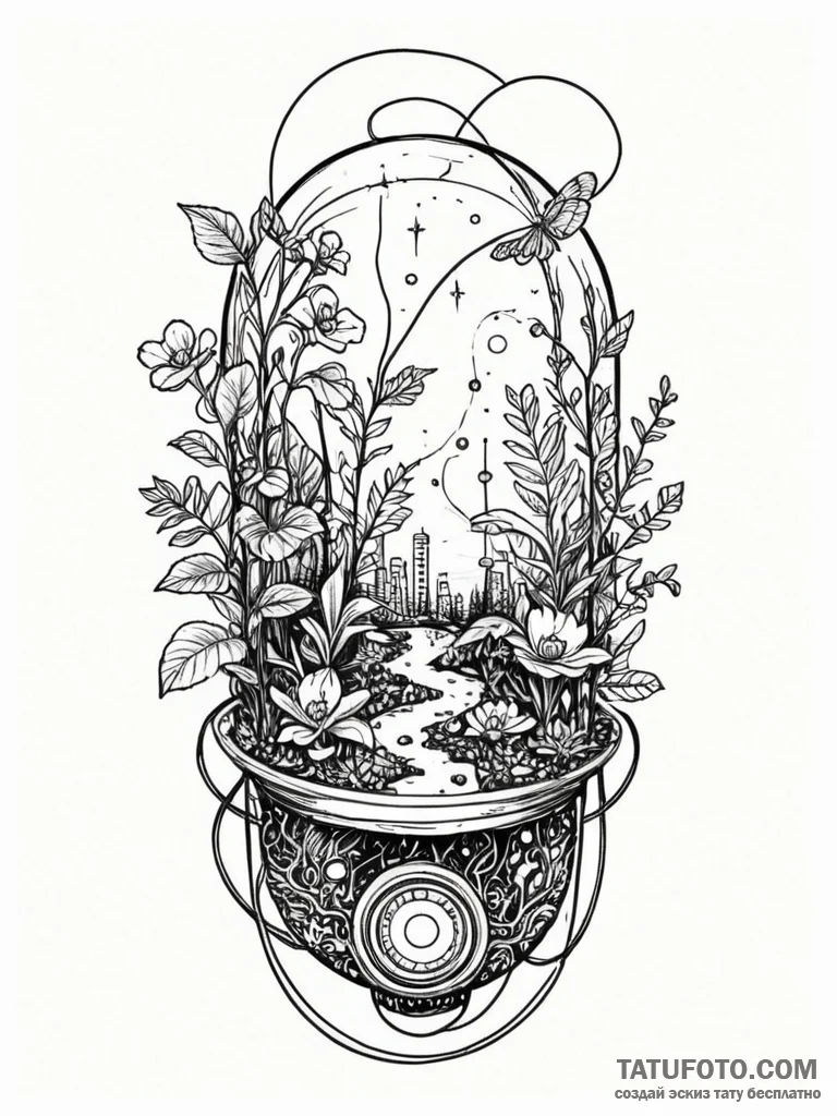 Tattoo sketch, electric ecosystem, a lush, vi... - эскиз тату (№1752357455_0, 12.07.2025 21:57) — Tatufoto.com