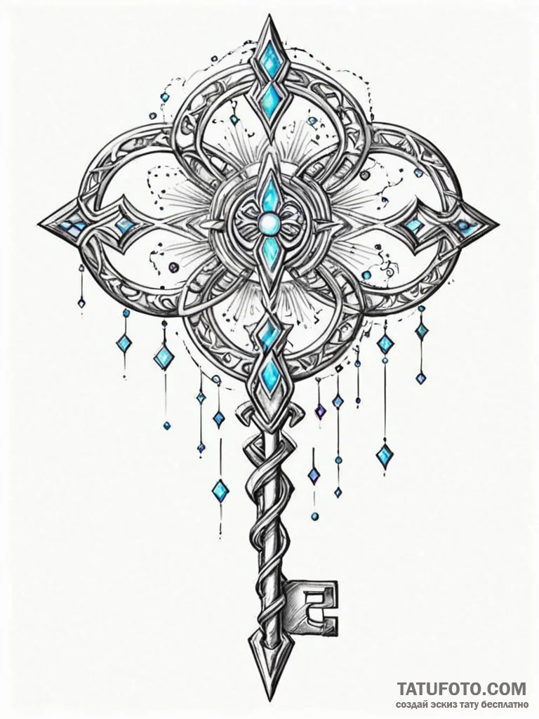 Tattoo sketch, ethereal encryption key, a flo... - эскиз тату (№1752358302_0, 12.07.2025 22:11) — Tatufoto.com