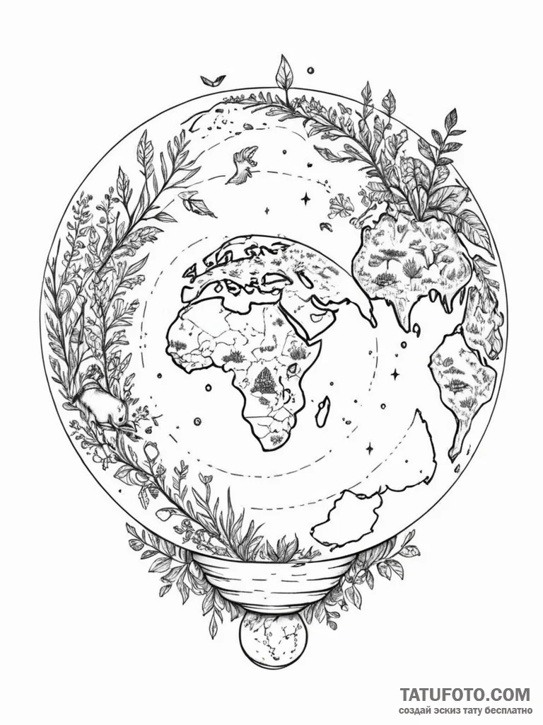Tattoo sketch, evolving ecosystem globe, a tr... - эскиз тату (№1752358386_0, 12.07.2025 22:13) — Tatufoto.com