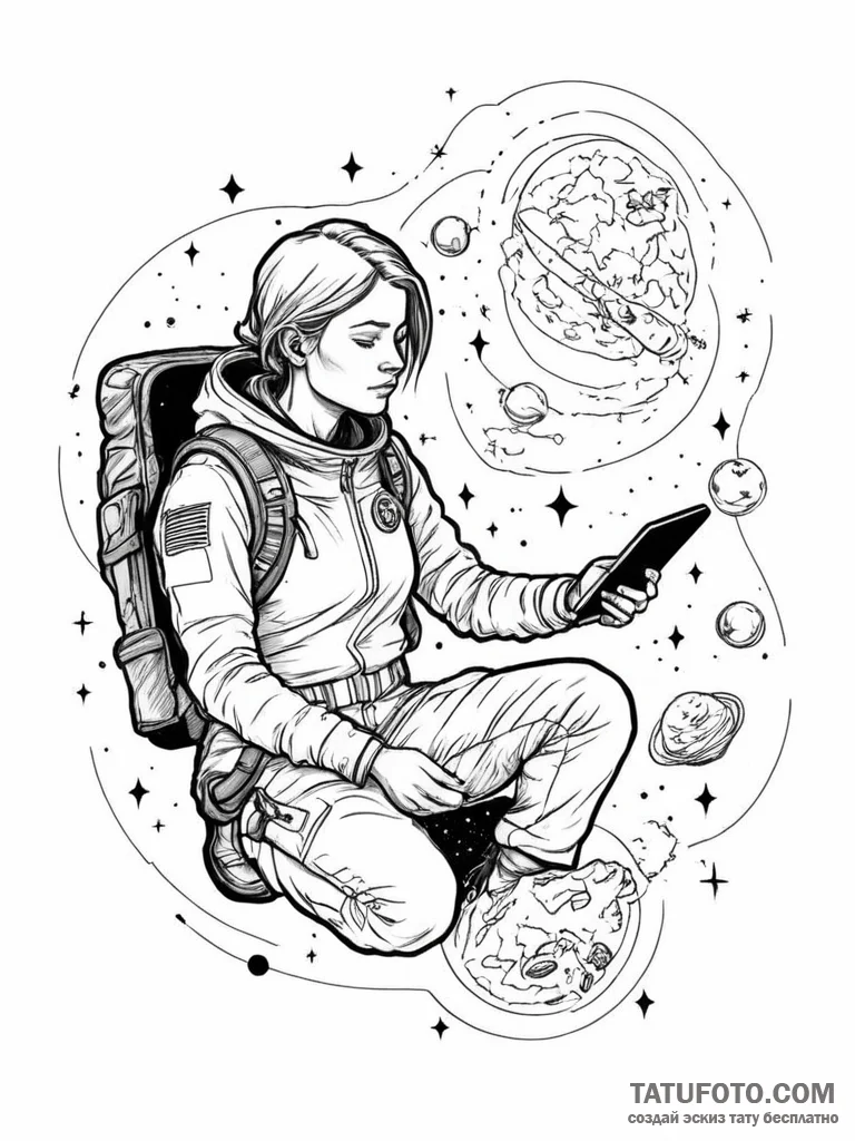 Tattoo sketch, exhausted explorer, cosmic map... - эскиз тату (№1752358725_0, 12.07.2025 22:18) — Tatufoto.com