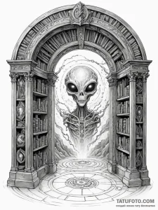 Tattoo sketch, ethereal library portal, a cla... - эскиз тату (№1752358980_0, 12.07.2025 22:23) — Tatufoto.com