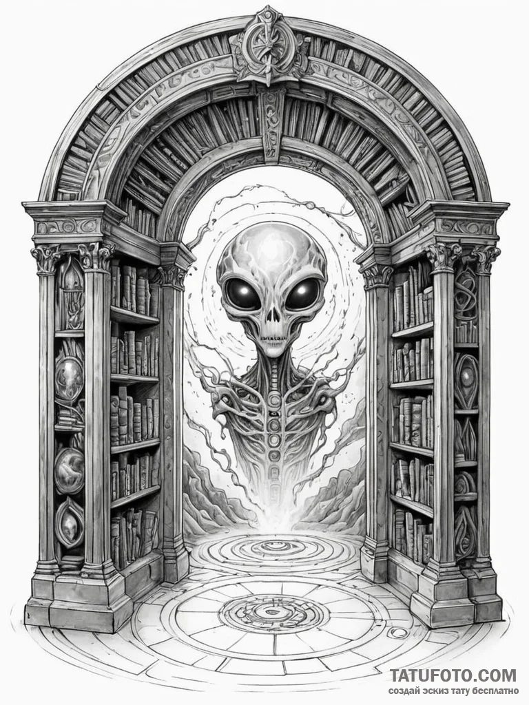 Tattoo sketch, ethereal library portal, a cla… — эскиз тату (№1752358980_0, 12.07.2025 22:23) — Tatufoto.com