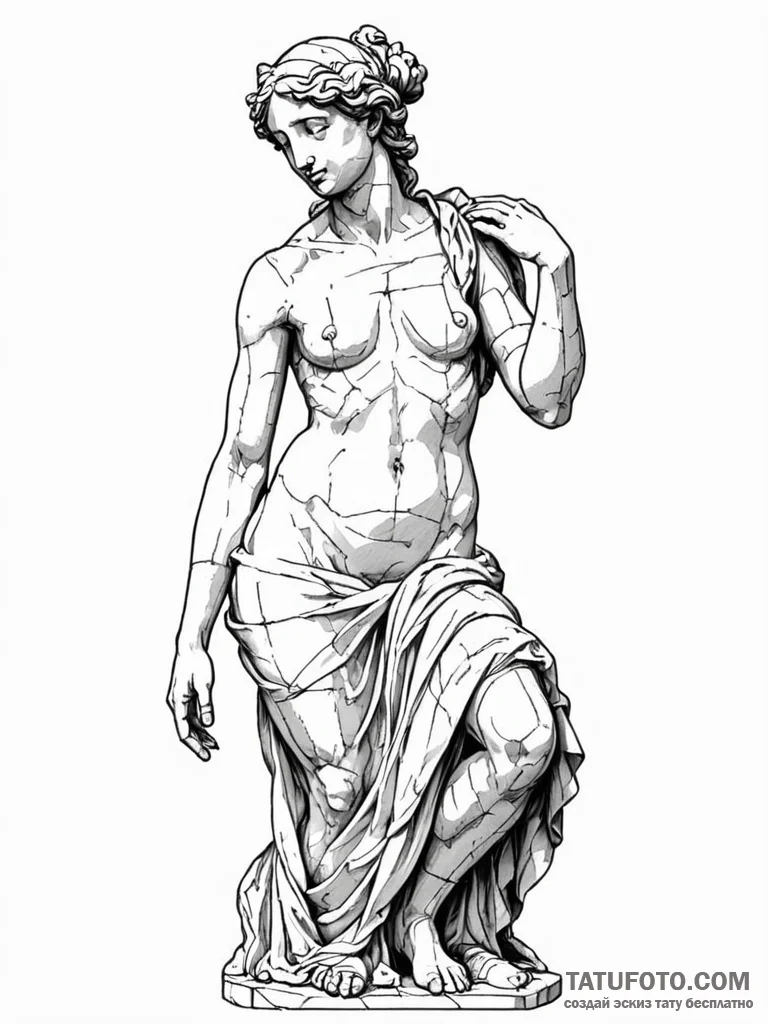 Tattoo sketch, elegant glitch art statue, a c... - эскиз тату (№1752359150_0, 12.07.2025 22:25) — Tatufoto.com