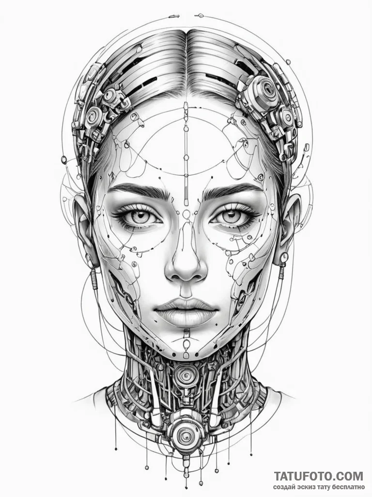 Tattoo sketch, emotive ai face, a highly expr... - эскиз тату (№1752359322_0, 12.07.2025 22:28) — Tatufoto.com