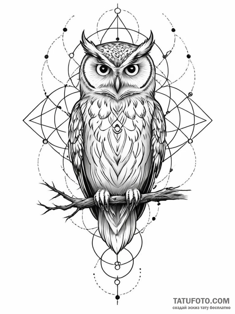 Tattoo sketch, enlightened owl, quantum glow,... - эскиз тату (№1752359665_0, 12.07.2025 22:34) — Tatufoto.com