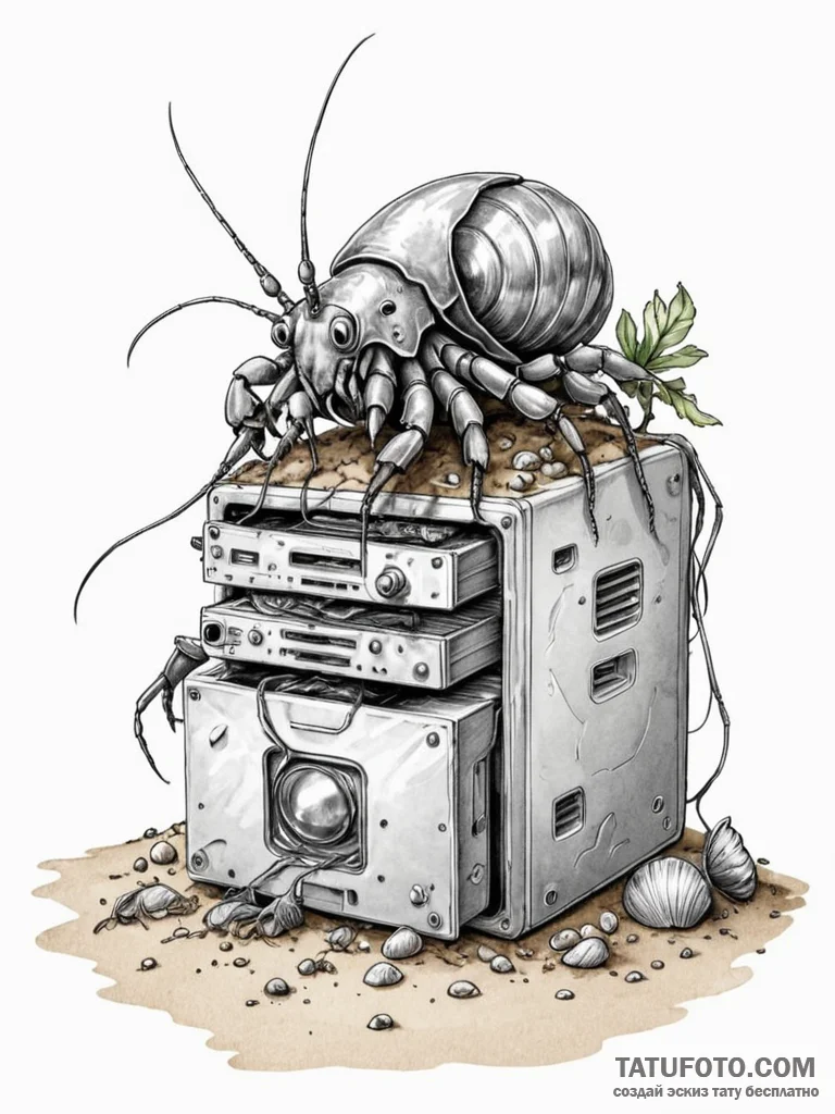 Tattoo sketch, electronic hermit crab, a herm… — эскиз тату (№1752359846_0, 12.07.2025 22:37) — Tatufoto.com