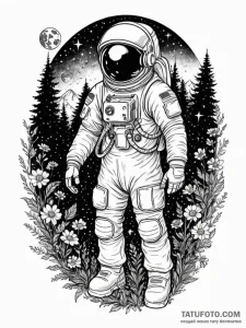 Tattoo sketch, ethereal astronaut in nature,... - эскиз тату (№1752360111_0, 12.07.2025 22:41) — Tatufoto.com