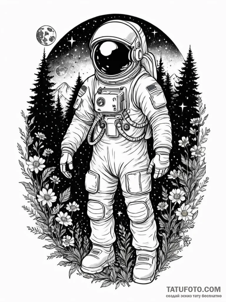 Tattoo sketch, ethereal astronaut in nature,... - эскиз тату (№1752360111_0, 12.07.2025 22:41) — Tatufoto.com