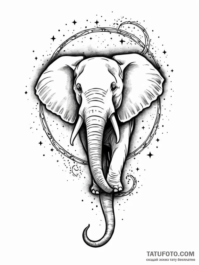 Tattoo sketch, elephant with cosmic tusk, a m… — эскиз тату (№1752360806_0, 12.07.2025 22:53) — Tatufoto.com