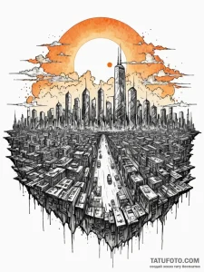 Tattoo sketch, eternal sunset over glitch cit... - эскиз тату (№1752360893_0, 12.07.2025 22:54) — Tatufoto.com