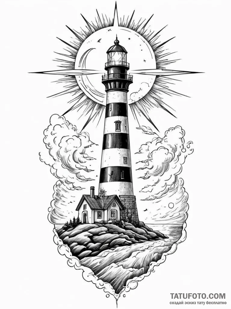 Tattoo sketch, eclipsed lighthouse beam, a li... - эскиз тату (№1752361068_0, 12.07.2025 22:57) — Tatufoto.com
