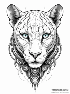 Tattoo sketch, futuristic feline guardian, a... - эскиз тату (№1752361584_0, 12.07.2025 23:06) — Tatufoto.com