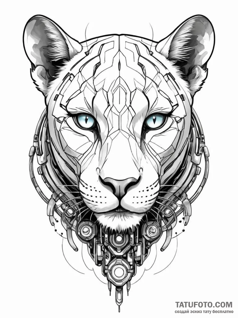 Tattoo sketch, futuristic feline guardian, a... - эскиз тату (№1752361584_0, 12.07.2025 23:06) — Tatufoto.com