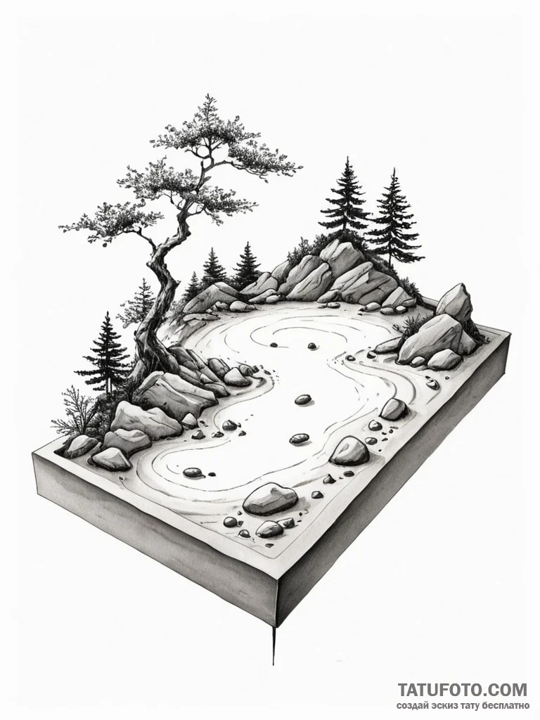 Tattoo sketch, floating zen garden, a tranqui… — эскиз тату (№1752362545_0, 12.07.2025 23:22) — Tatufoto.com