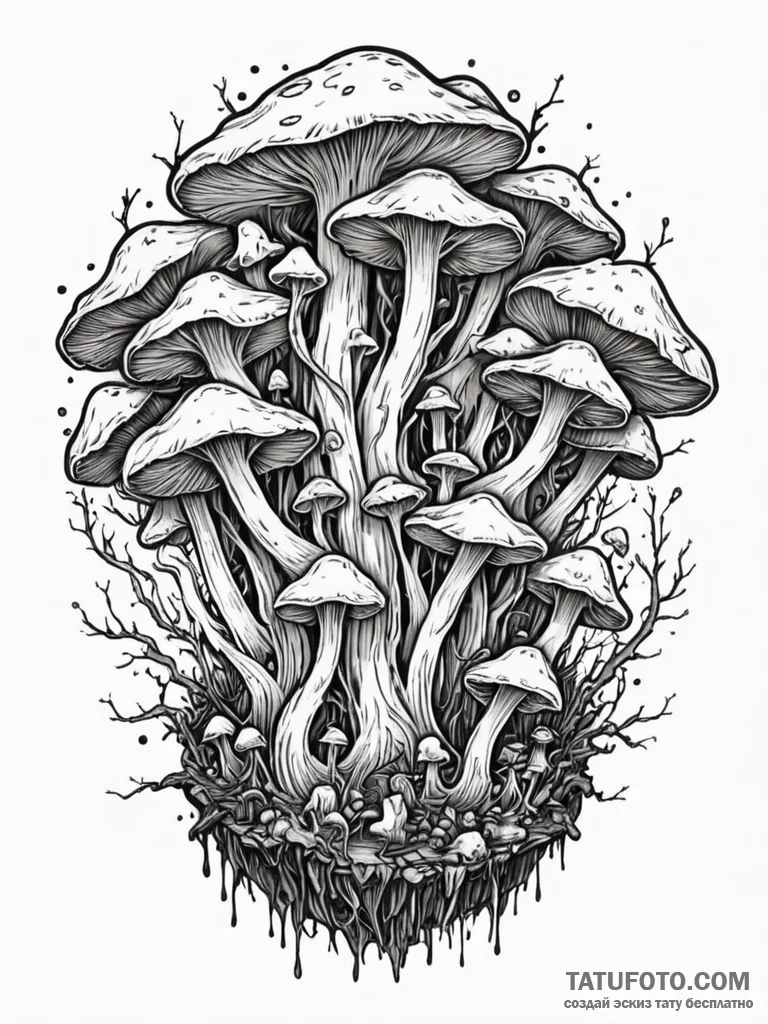 Tattoo sketch, fungal network portal, a clust… — эскиз тату (№1752362631_0, 12.07.2025 23:23) — Tatufoto.com
