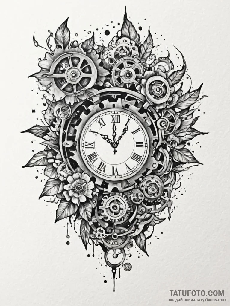 Tattoo sketch, fractured timepiece face, a cl… — эскиз тату (№1752362716_0, 12.07.2025 23:25) — Tatufoto.com