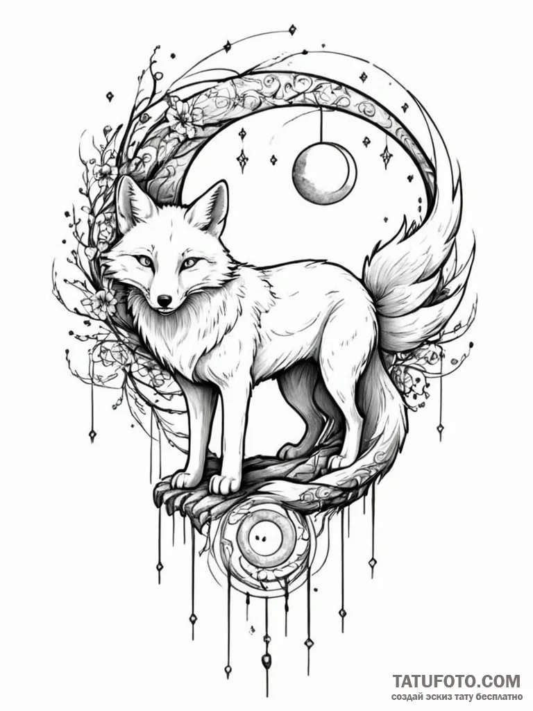 Tattoo sketch, fox spirit, digital realm, a m... - эскиз тату (№1752362800_0, 12.07.2025 23:26) — Tatufoto.com