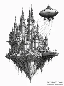 Tattoo sketch, flying fortress of dreams, a m... - эскиз тату (№1752362969_0, 12.07.2025 23:29) — Tatufoto.com