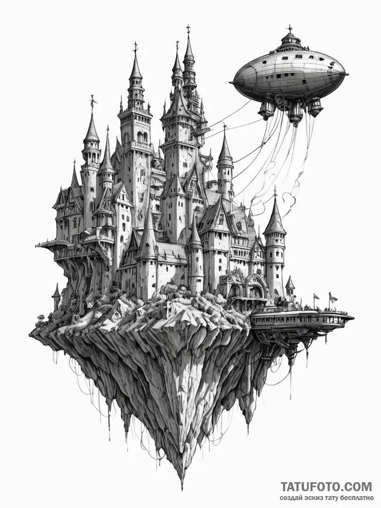 Tattoo sketch, flying fortress of dreams, a m... - эскиз тату (№1752362969_0, 12.07.2025 23:29) — Tatufoto.com