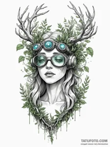 Tattoo sketch, forest spirit with vr goggles,... - эскиз тату (№1752363138_0, 12.07.2025 23:32) — Tatufoto.com