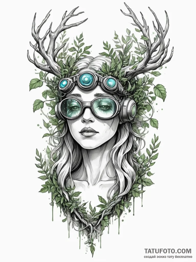 Tattoo sketch, forest spirit with vr goggles,... - эскиз тату (№1752363138_0, 12.07.2025 23:32) — Tatufoto.com