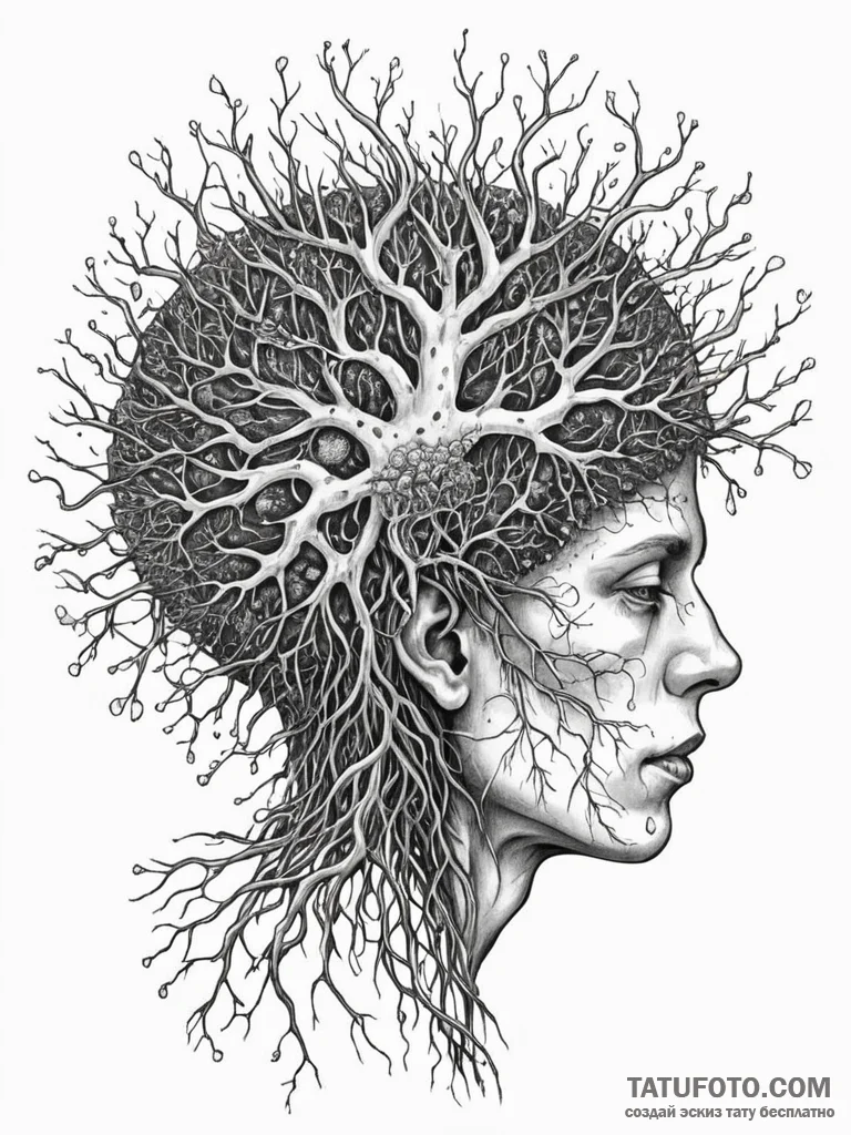 Tattoo sketch, fungal mind network, a detaile... - эскиз тату (№1752363306_0, 12.07.2025 23:35) — Tatufoto.com