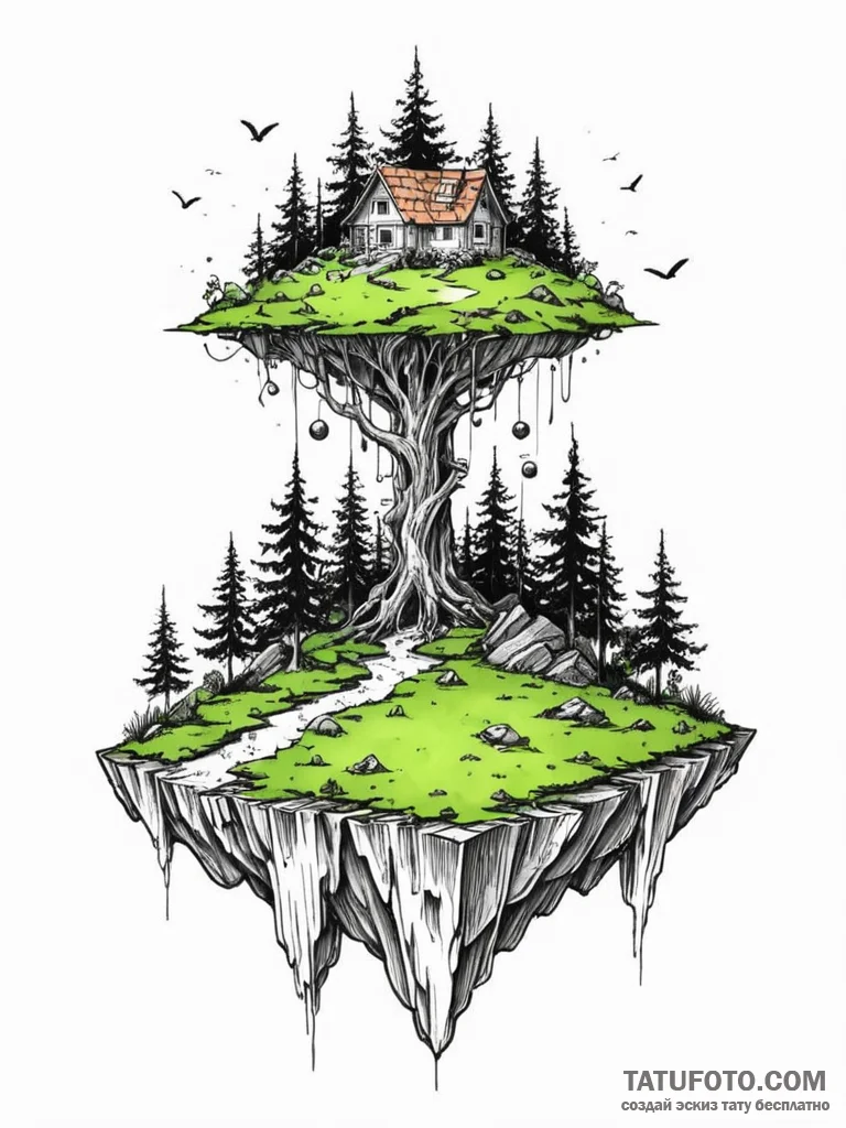 Tattoo sketch, floating island of memories, a... - эскиз тату (№1752363390_0, 12.07.2025 23:36) — Tatufoto.com