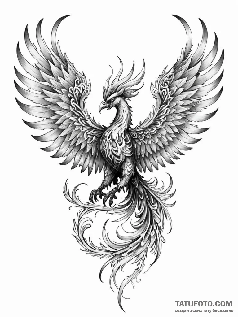 Tattoo sketch, fiery phoenix, cold steel wing… — эскиз тату (№1752363474_0, 12.07.2025 23:37) — Tatufoto.com