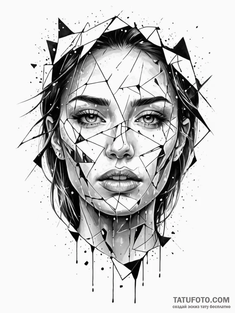 Tattoo sketch, fragmented face, digital tears... - эскиз тату (№1752363645_0, 12.07.2025 23:40) — Tatufoto.com