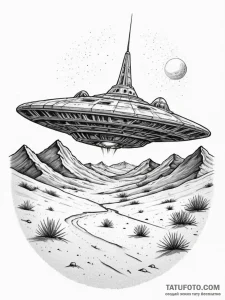 Tattoo sketch, forgotten spaceship in the des... - эскиз тату (№1752363729_0, 12.07.2025 23:42) — Tatufoto.com