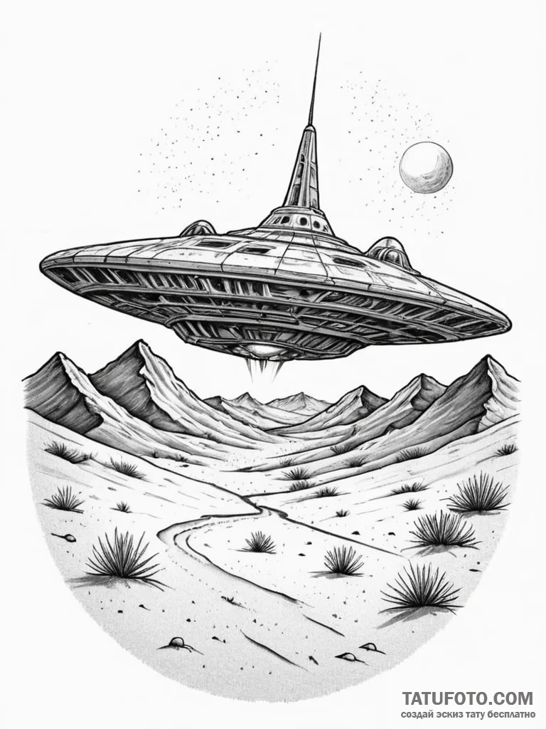 Tattoo sketch, forgotten spaceship in the des... - эскиз тату (№1752363729_0, 12.07.2025 23:42) — Tatufoto.com